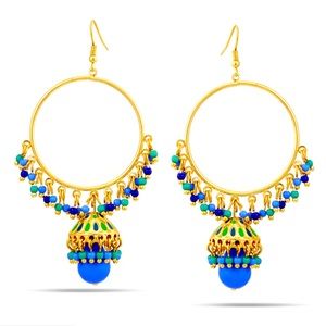Gold Multicolor Beads Blue Teardrop Earrings